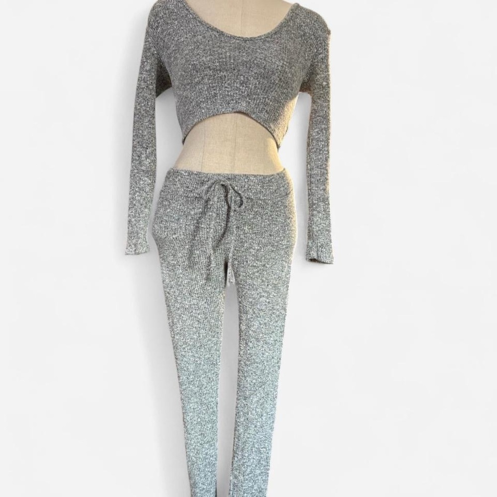 Fashion Nova Gray Ribbed Womens Lounge Set Long Sleeve Hoodie Top Leggings XS/S